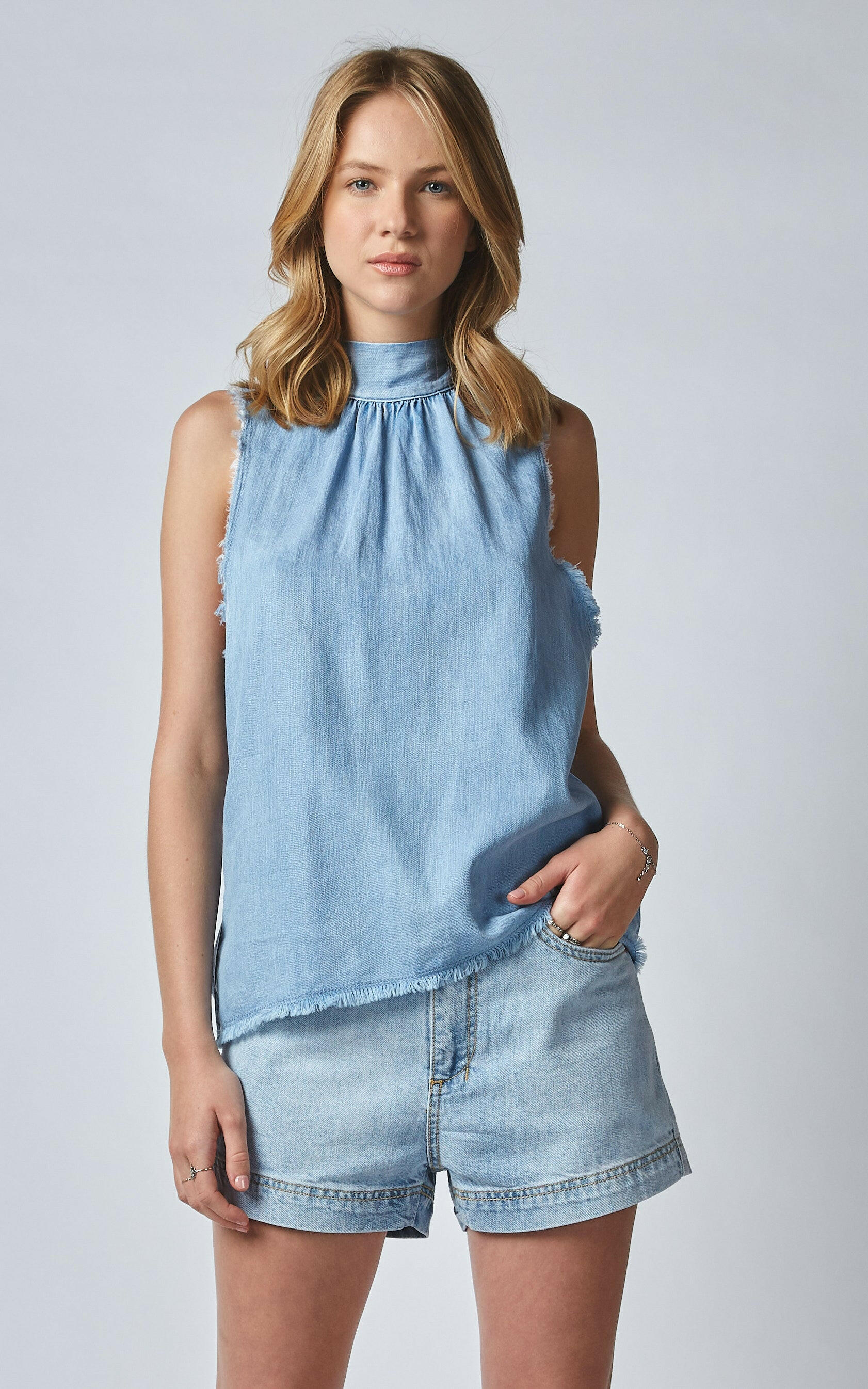 Eileen Fisher Sleeveless V-neck Organic Cotton Tunic Top In Denim | ModeSens